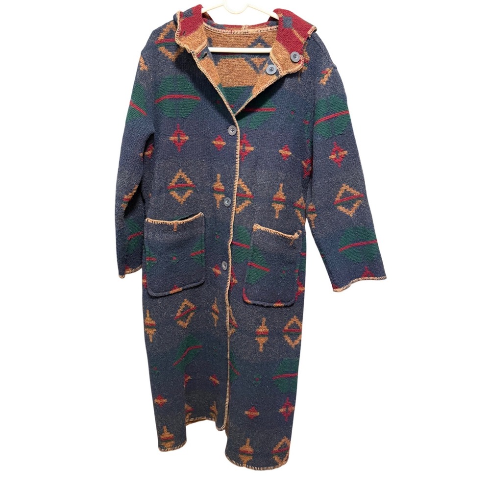 Long Hooded Women's Coat in Navy with Multicolor Aztec Pattern